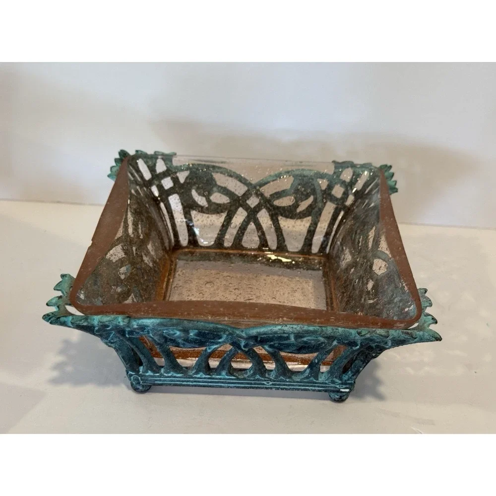 1987 Terragrafics Art Nouveau Verdigris Footed Bowl w Pink Seeded Glass Insert